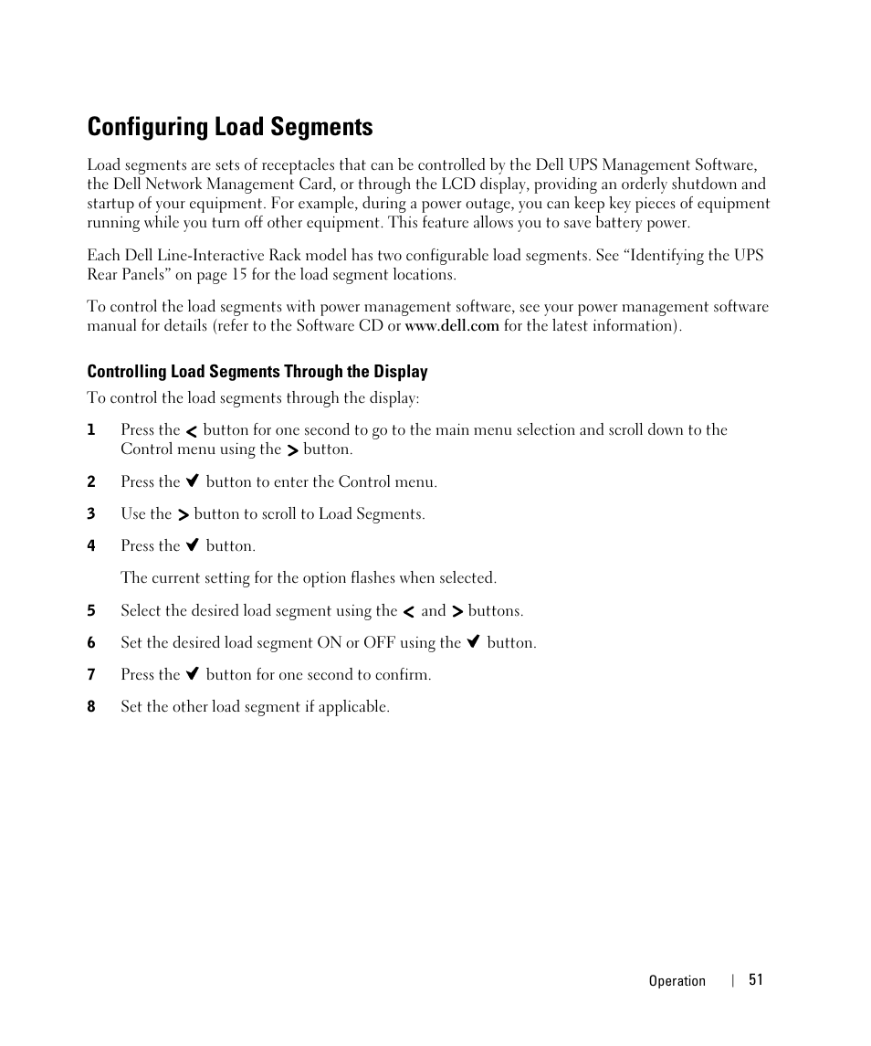 Configuring load segments, Controlling load segments through the display | Dell UPS 1920R User Manual | Page 51 / 73