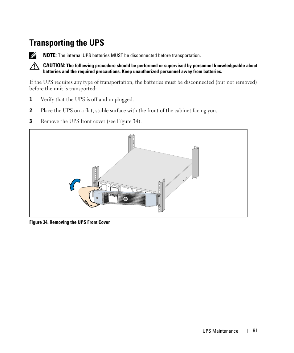 Transporting the ups | Dell UPS 1920R User Manual | Page 61 / 73