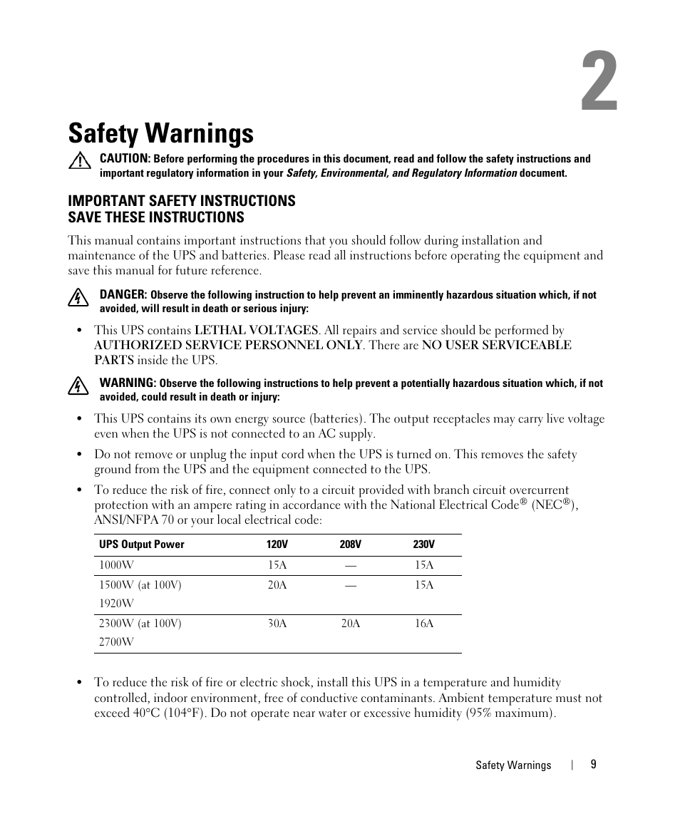 Safety warnings | Dell UPS 1920R User Manual | Page 9 / 73
