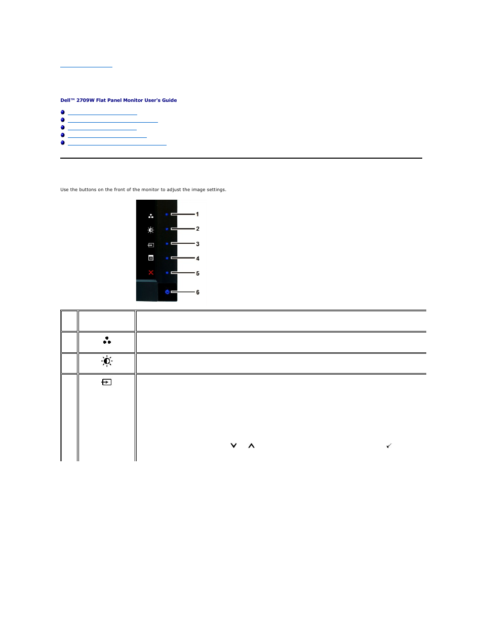 Operating the monitor, Using the front panel | Dell 2709W Monitor User Manual | Page 17 / 39