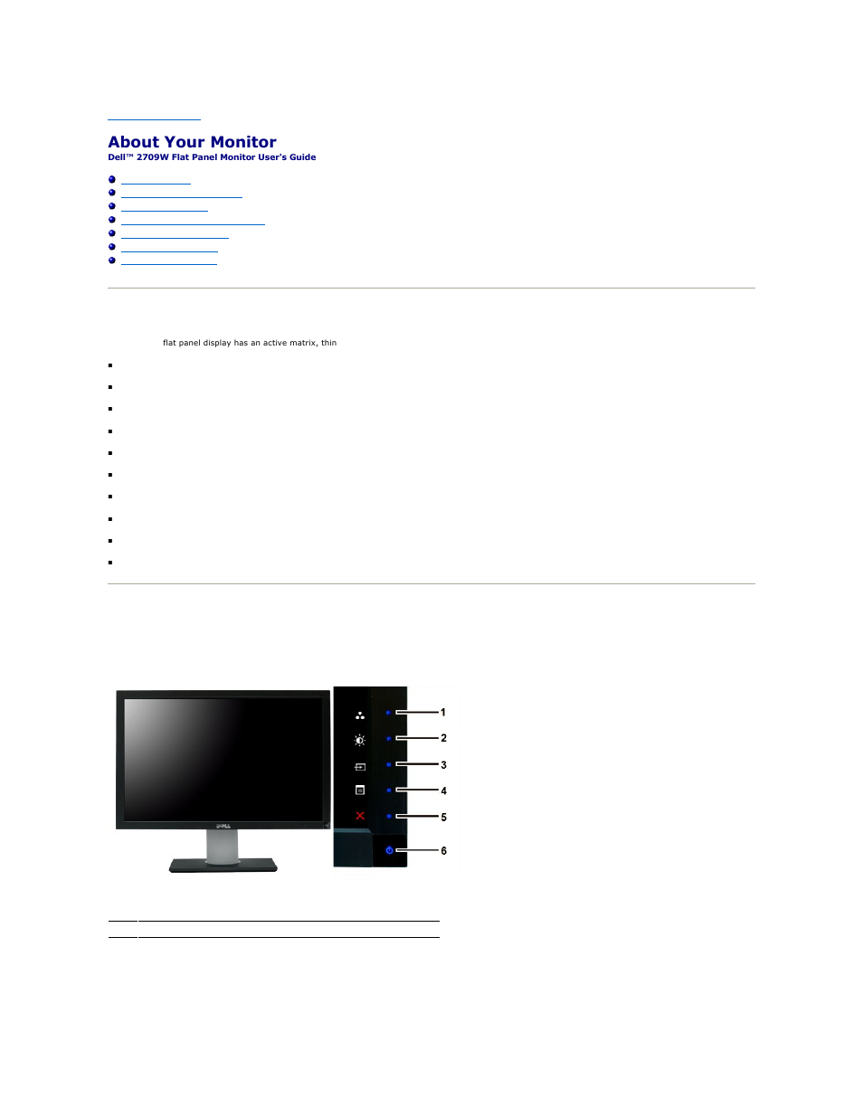 About your monitor, Product features, Identifying parts and features front view | Dell 2709W Monitor User Manual | Page 2 / 39