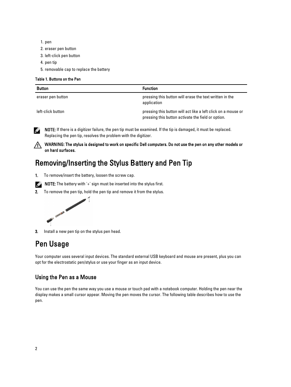 Removing/inserting the stylus battery and pen tip, Pen usage, Using the pen as a mouse | Dell Precision M6600 (Mid 2011) User Manual | Page 2 / 6