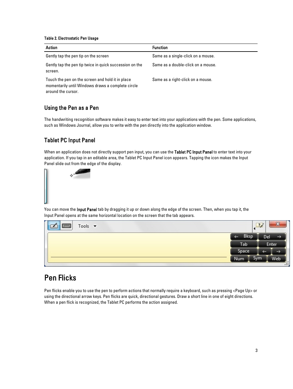 Using the pen as a pen, Tablet pc input panel, Pen flicks | Dell Precision M6600 (Mid 2011) User Manual | Page 3 / 6