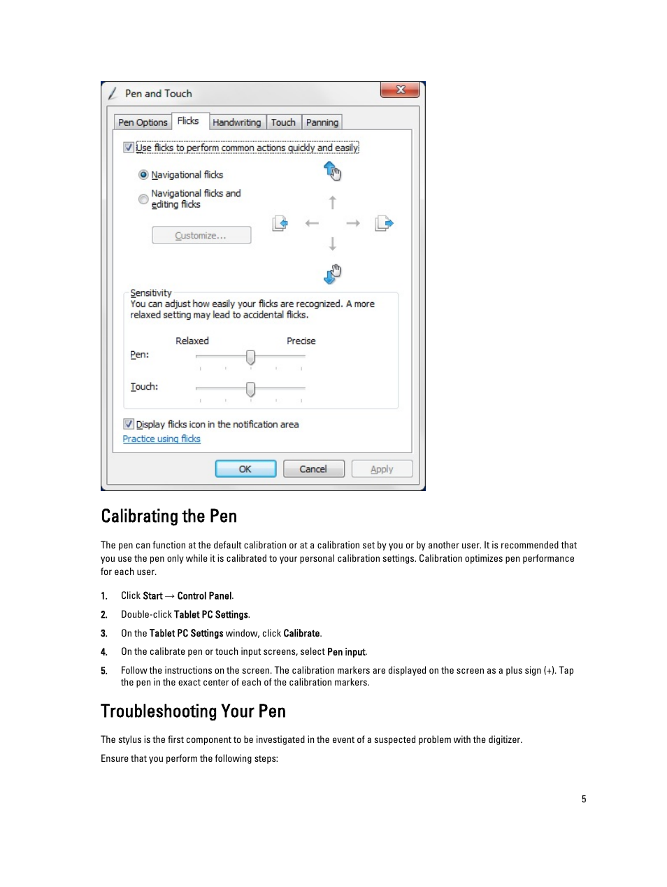 Calibrating the pen, Troubleshooting your pen | Dell Precision M6600 (Mid 2011) User Manual | Page 5 / 6