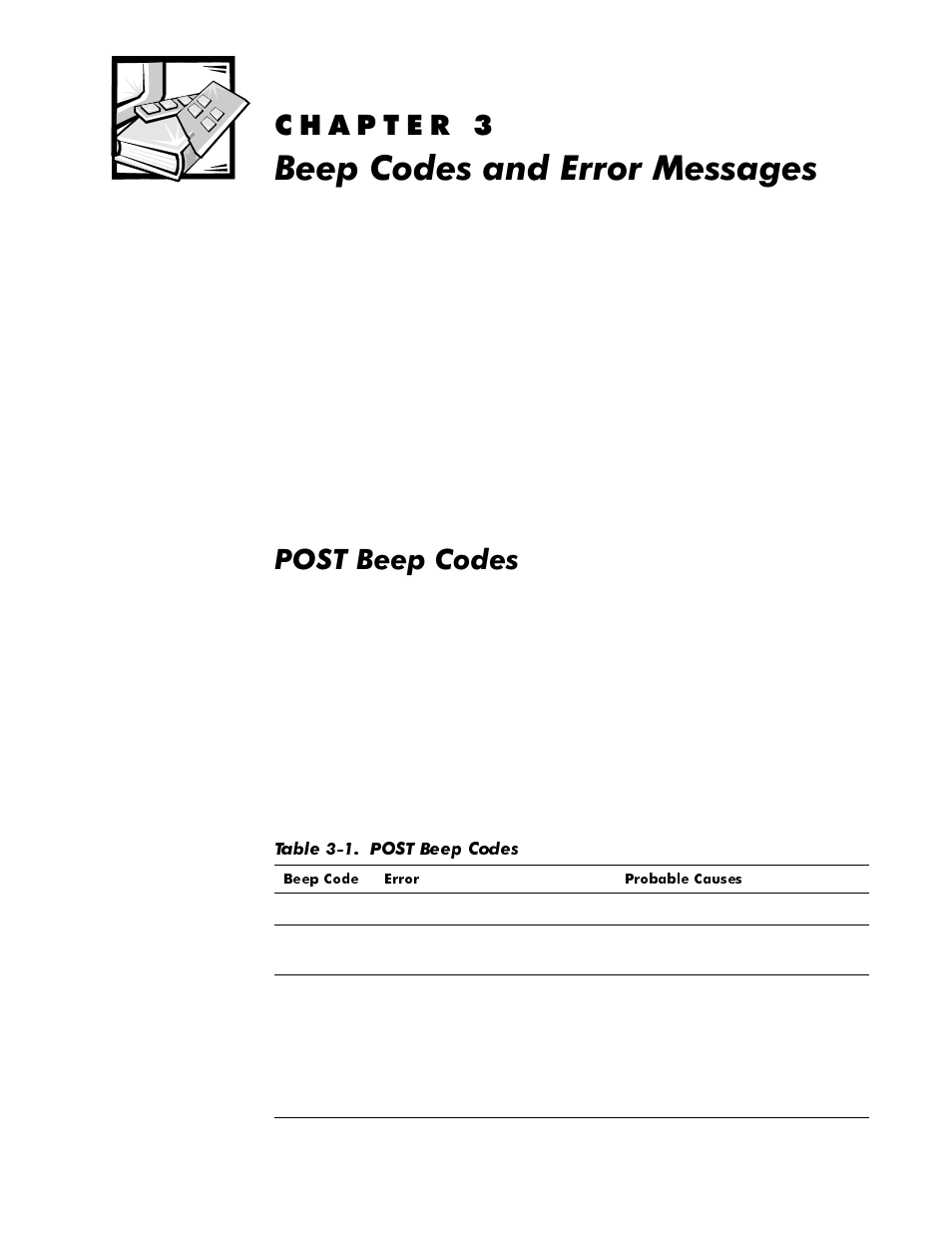 Beep codes and error messages, Post beep codes, Kdswhu | Hhs&rghvdqg(uuru0hvvdjhv, Post beep codes -1, Table 3-1, 3267%hhs&rghv | Dell OptiPlex NX1 User Manual | Page 63 / 170