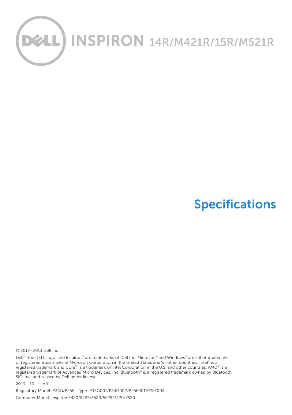 Dell Inspiron 5425 (Late 2012) User Manual | 10 pages