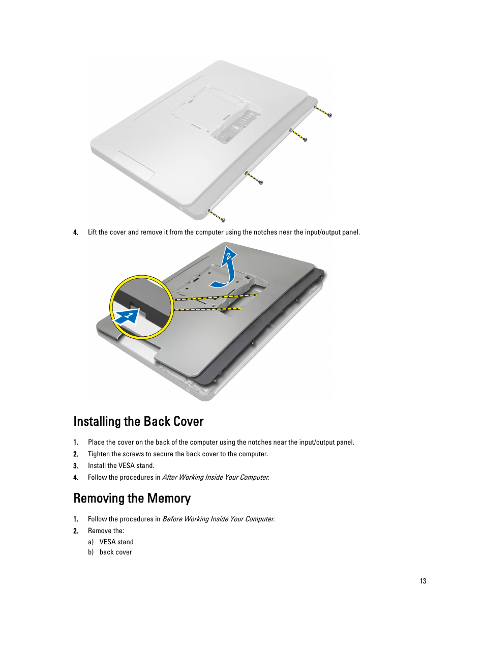 Installing the back cover, Removing the memory | Dell OptiPlex 9010 All In One (Mid 2012) User Manual | Page 13 / 79
