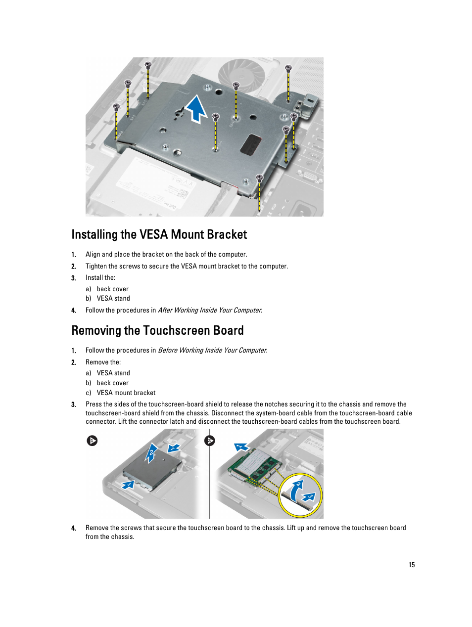 Installing the vesa mount bracket, Removing the touchscreen board | Dell OptiPlex 9010 All In One (Mid 2012) User Manual | Page 15 / 79