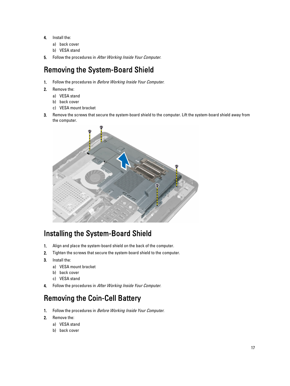 Removing the system-board shield, Installing the system-board shield, Removing the coin-cell battery | Dell OptiPlex 9010 All In One (Mid 2012) User Manual | Page 17 / 79