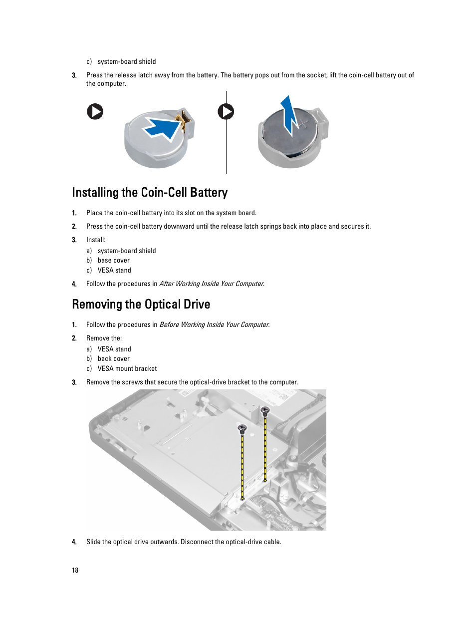 Installing the coin-cell battery, Removing the optical drive | Dell OptiPlex 9010 All In One (Mid 2012) User Manual | Page 18 / 79