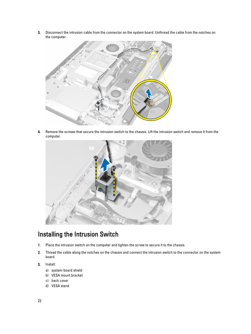 Installing the intrusion switch | Dell OptiPlex 9010 All In One (Mid 2012) User Manual | Page 22 / 79