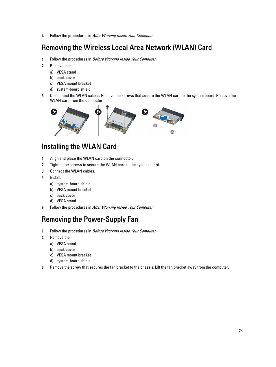 Installing the wlan card, Removing the power-supply fan | Dell OptiPlex 9010 All In One (Mid 2012) User Manual | Page 23 / 79