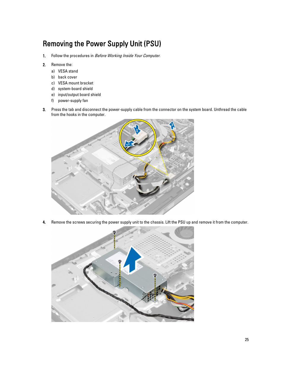 Removing the power supply unit (psu) | Dell OptiPlex 9010 All In One (Mid 2012) User Manual | Page 25 / 79