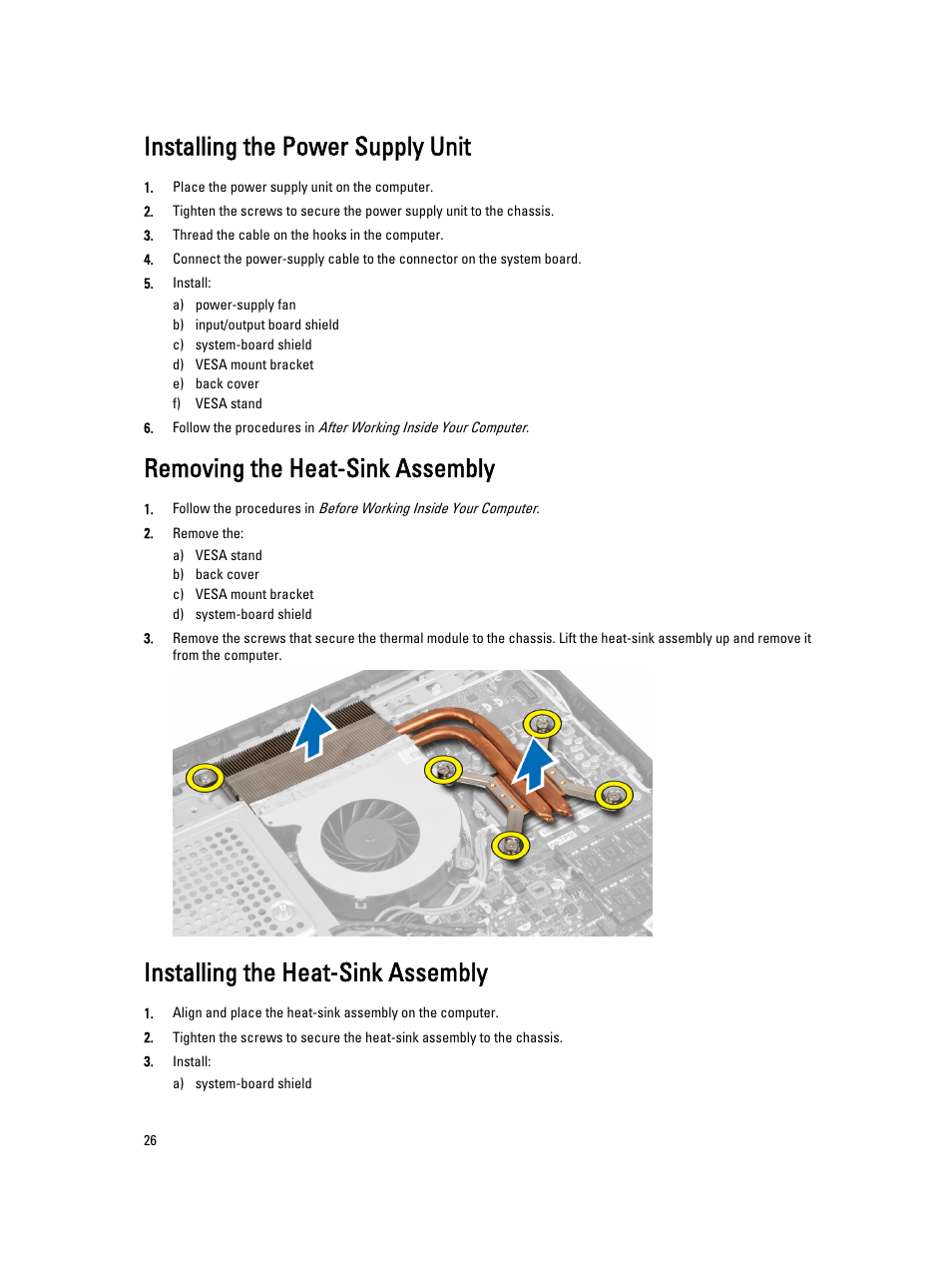 Installing the power supply unit, Removing the heat-sink assembly, Installing the heat-sink assembly | Dell OptiPlex 9010 All In One (Mid 2012) User Manual | Page 26 / 79