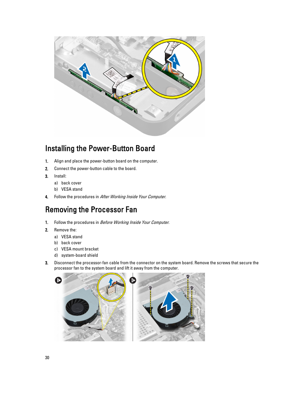 Installing the power-button board, Removing the processor fan | Dell OptiPlex 9010 All In One (Mid 2012) User Manual | Page 30 / 79