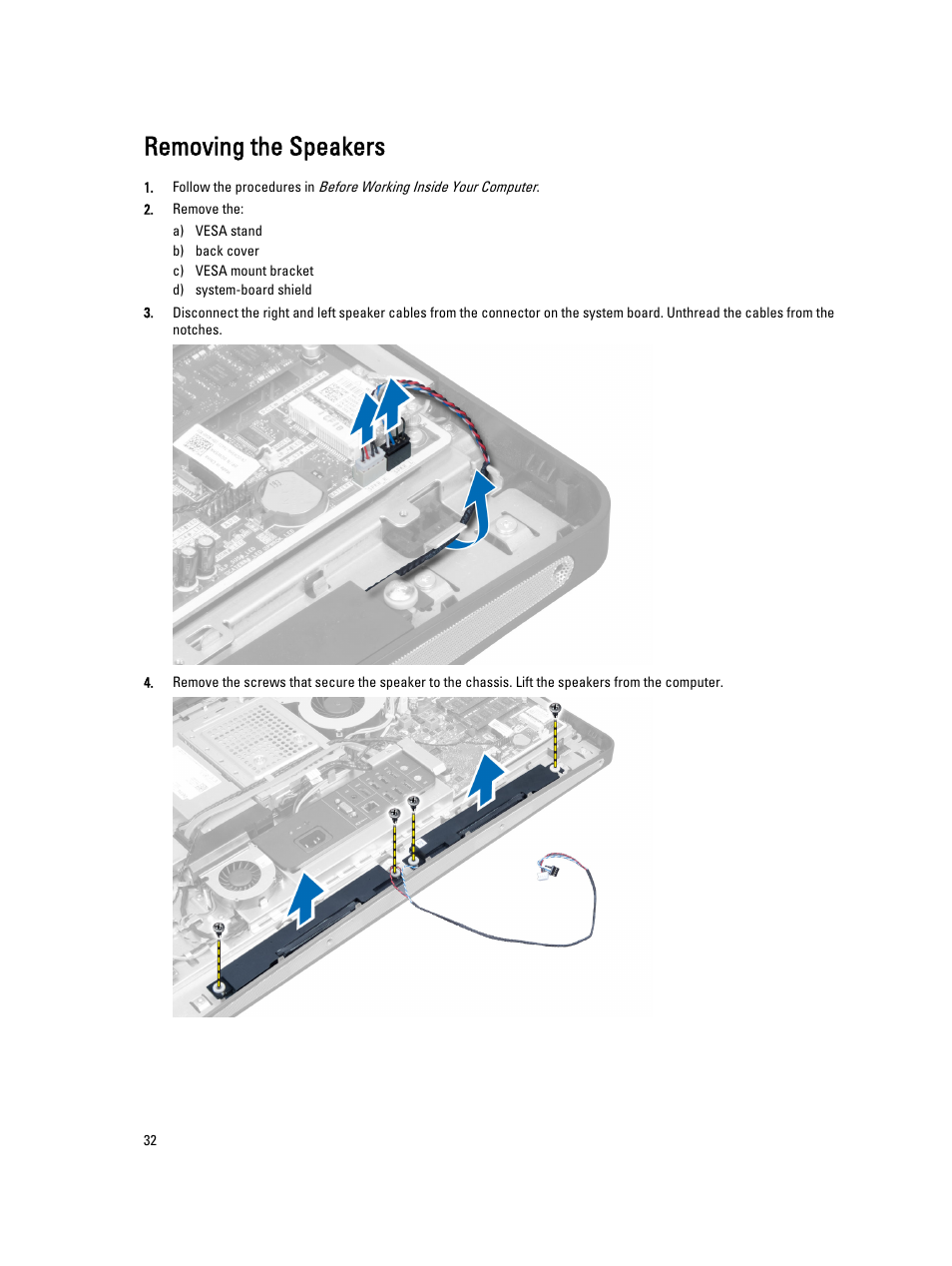 Removing the speakers | Dell OptiPlex 9010 All In One (Mid 2012) User Manual | Page 32 / 79