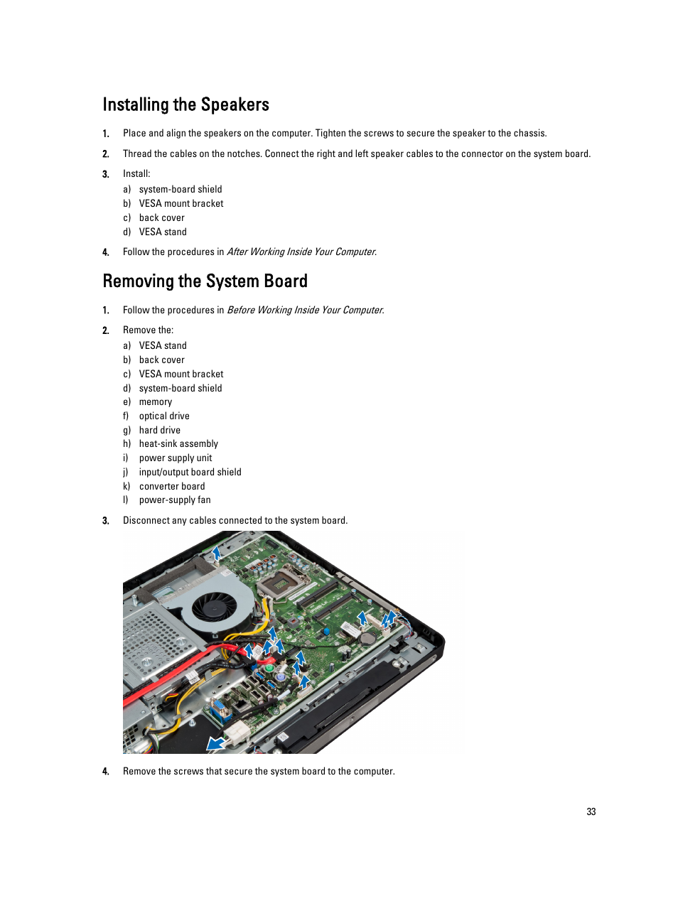 Installing the speakers, Removing the system board | Dell OptiPlex 9010 All In One (Mid 2012) User Manual | Page 33 / 79