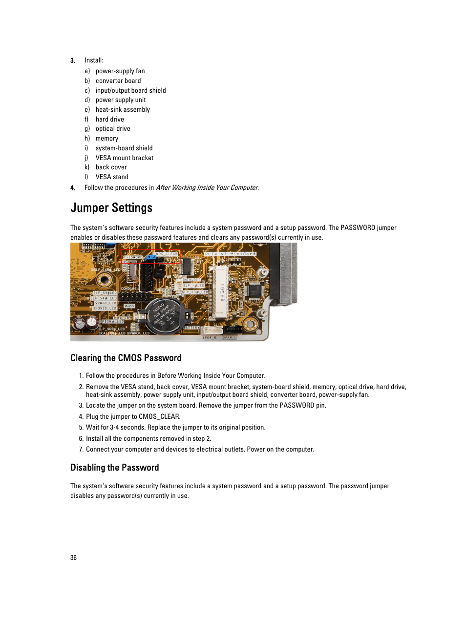Jumper settings, Clearing the cmos password, Disabling the password | Dell OptiPlex 9010 All In One (Mid 2012) User Manual | Page 36 / 79