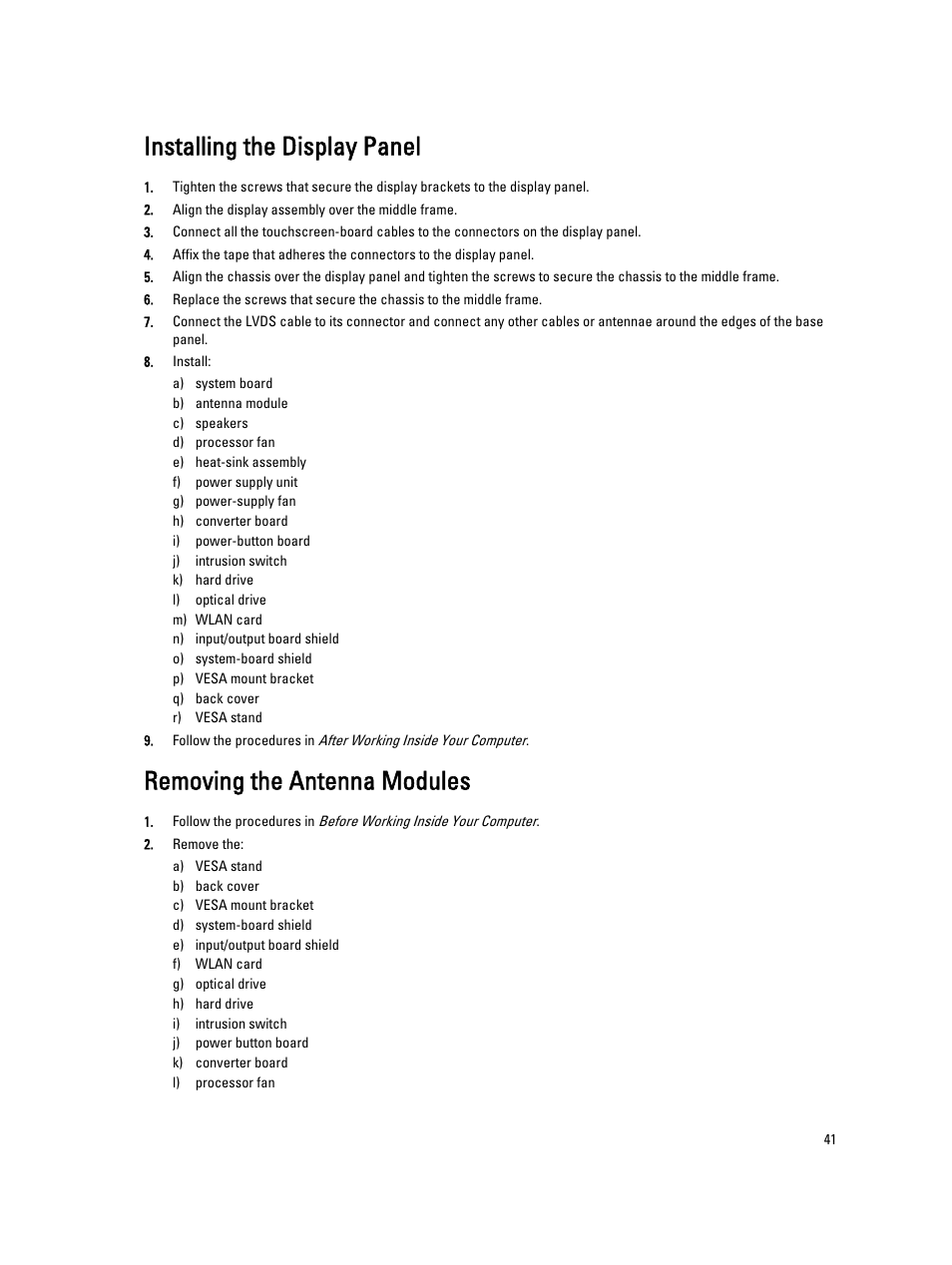 Installing the display panel, Removing the antenna modules | Dell OptiPlex 9010 All In One (Mid 2012) User Manual | Page 41 / 79