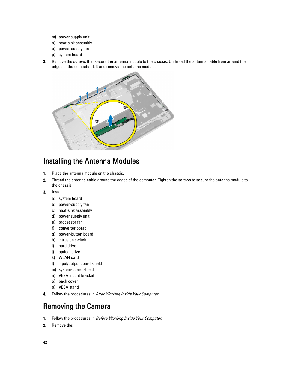 Installing the antenna modules, Removing the camera | Dell OptiPlex 9010 All In One (Mid 2012) User Manual | Page 42 / 79