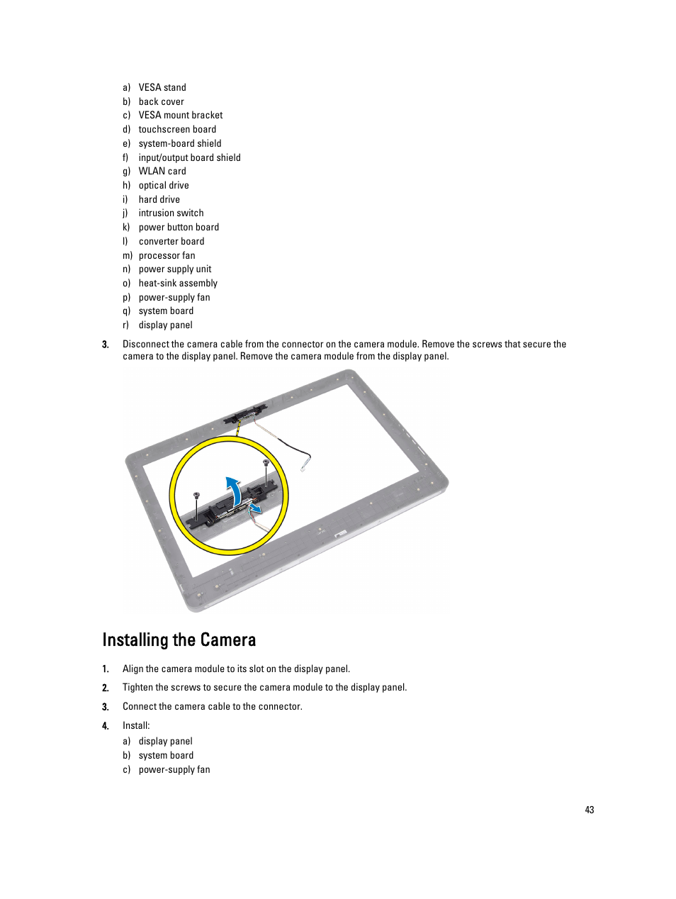 Installing the camera | Dell OptiPlex 9010 All In One (Mid 2012) User Manual | Page 43 / 79