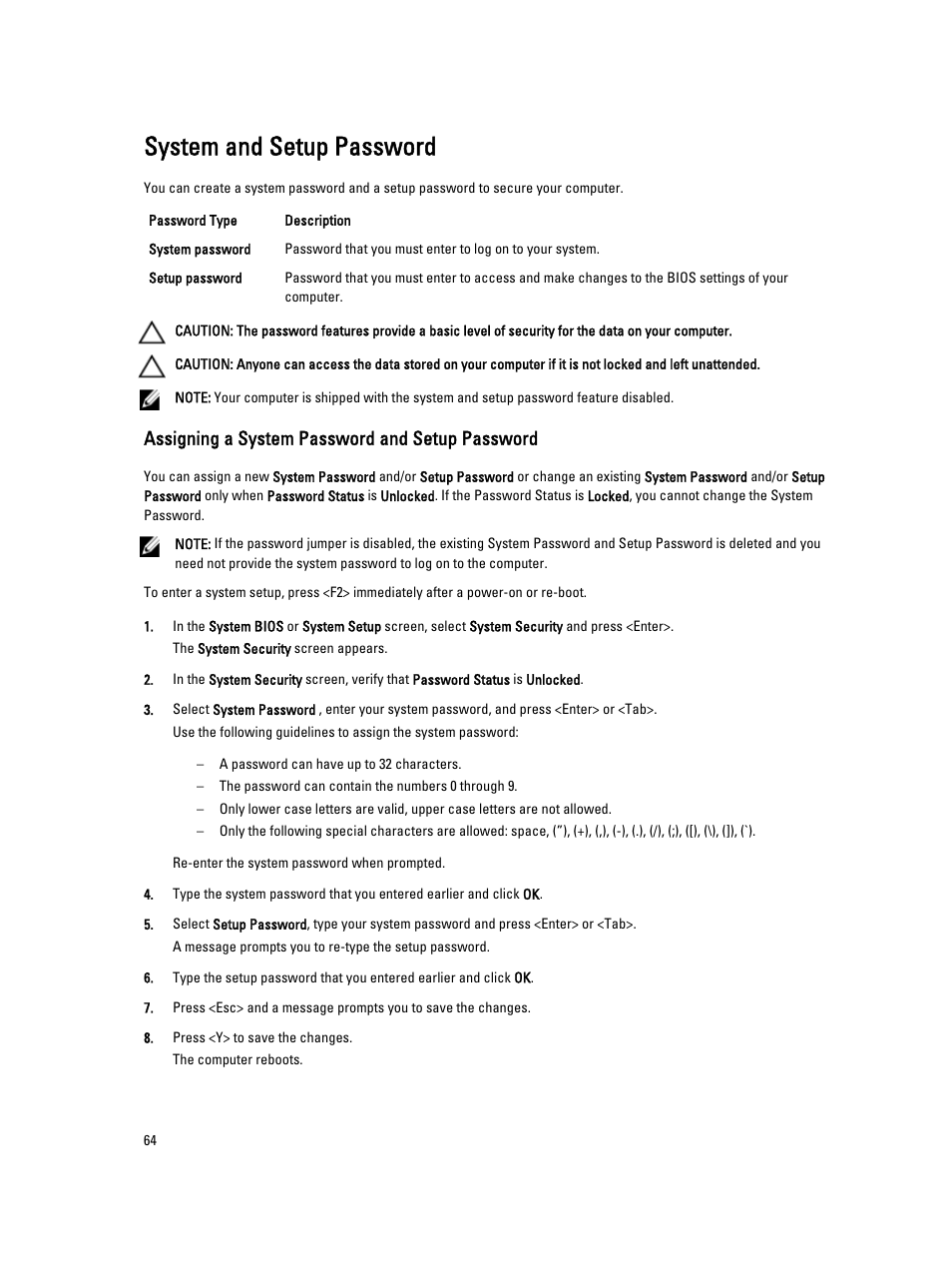 System and setup password, Assigning a system password and setup password | Dell OptiPlex 9010 All In One (Mid 2012) User Manual | Page 64 / 79