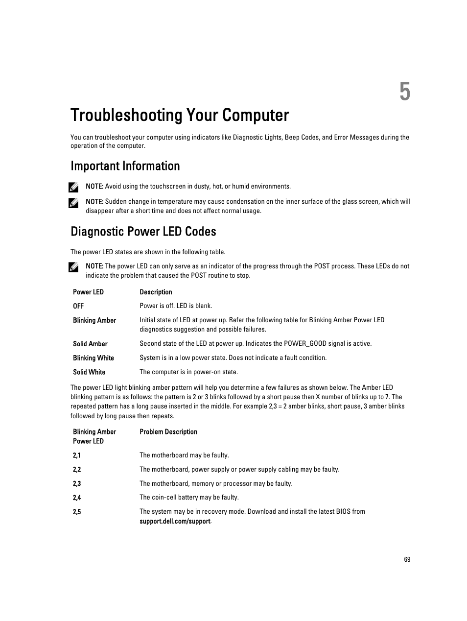 Troubleshooting your computer, Important information, Diagnostic power led codes | 5 troubleshooting your computer | Dell OptiPlex 9010 All In One (Mid 2012) User Manual | Page 69 / 79