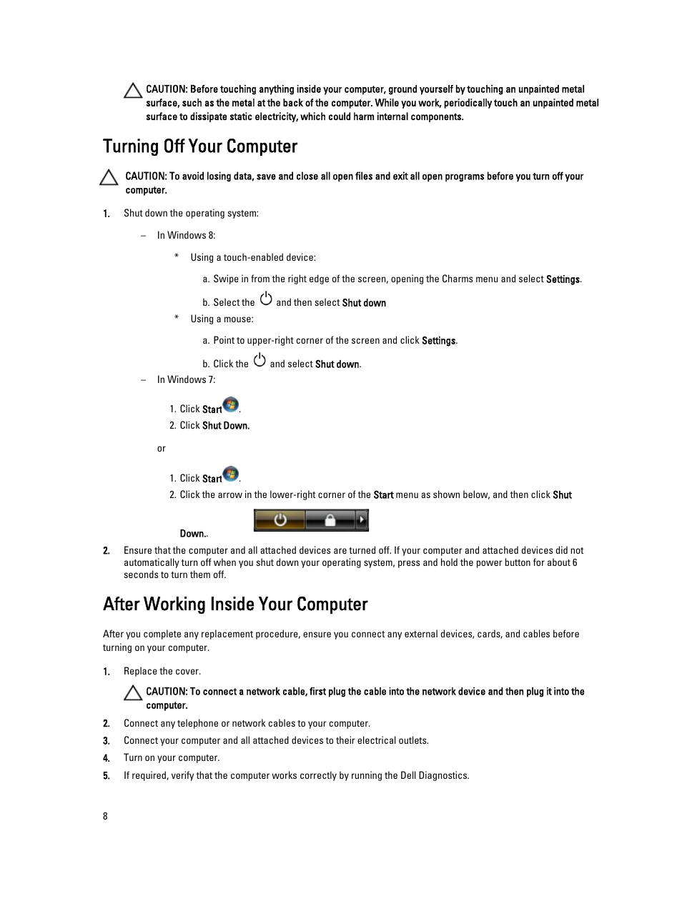 Turning off your computer, After working inside your computer | Dell OptiPlex 9010 All In One (Mid 2012) User Manual | Page 8 / 79