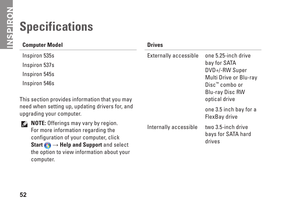 Specifications, Inspiron | Dell Inspiron 546s (Early 2009) User Manual | Page 54 / 66