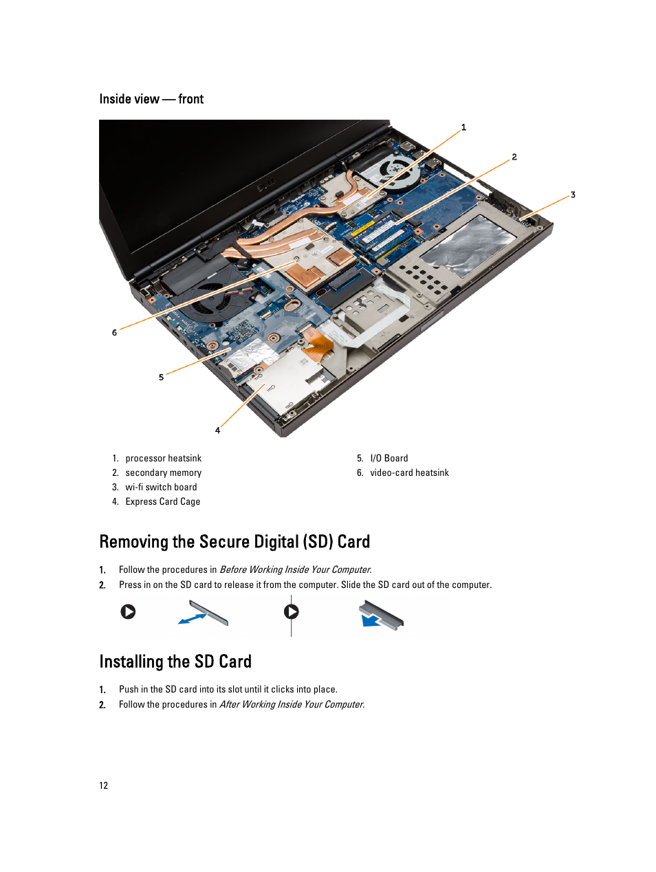 Removing the secure digital (sd) card, Installing the sd card | Dell Precision M6800 (Late 2013) User Manual | Page 12 / 83