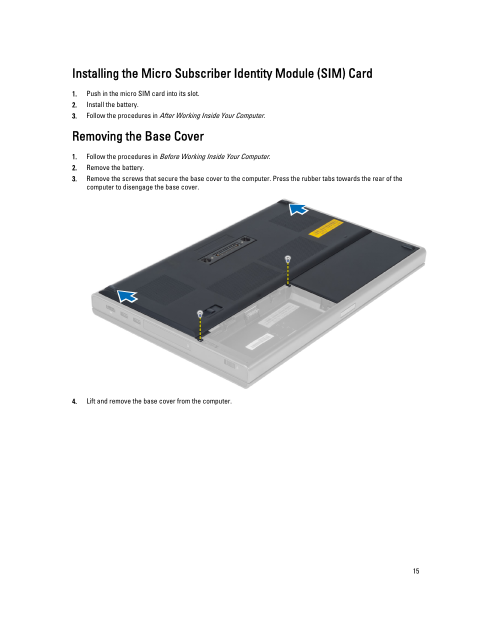 Removing the base cover | Dell Precision M6800 (Late 2013) User Manual | Page 15 / 83