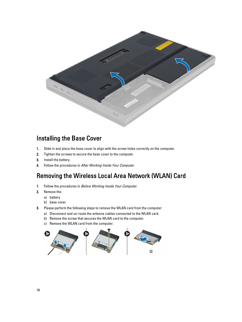 Installing the base cover | Dell Precision M6800 (Late 2013) User Manual | Page 16 / 83