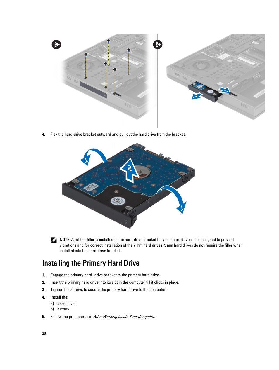 Installing the drive, Installing the primary hard drive | Dell Precision M6800 (Late 2013) User Manual | Page 20 / 83