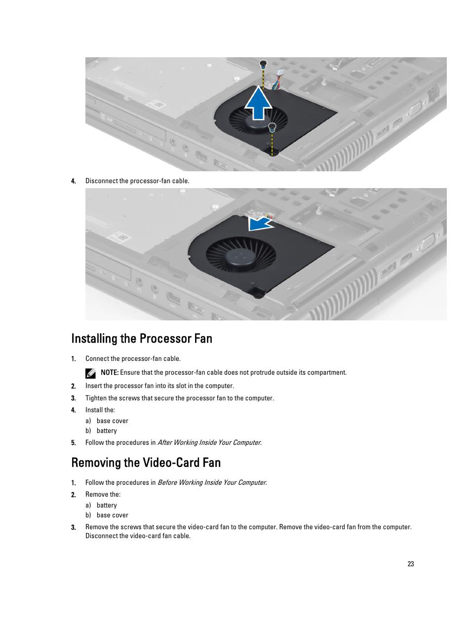 Installing the processor fan, Removing the video-card fan | Dell Precision M6800 (Late 2013) User Manual | Page 23 / 83