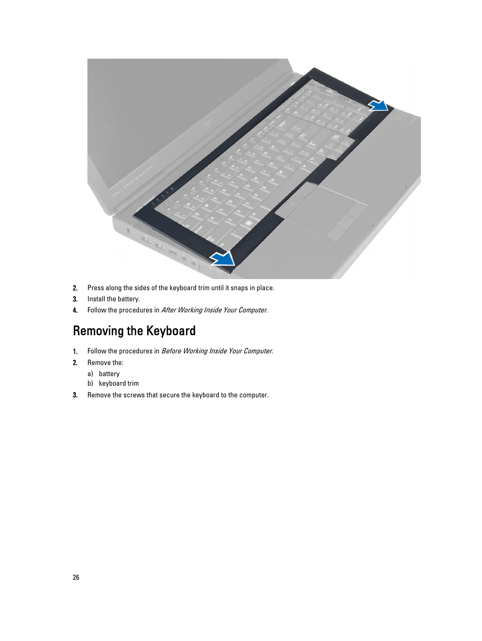 Removing the keyboard | Dell Precision M6800 (Late 2013) User Manual | Page 26 / 83