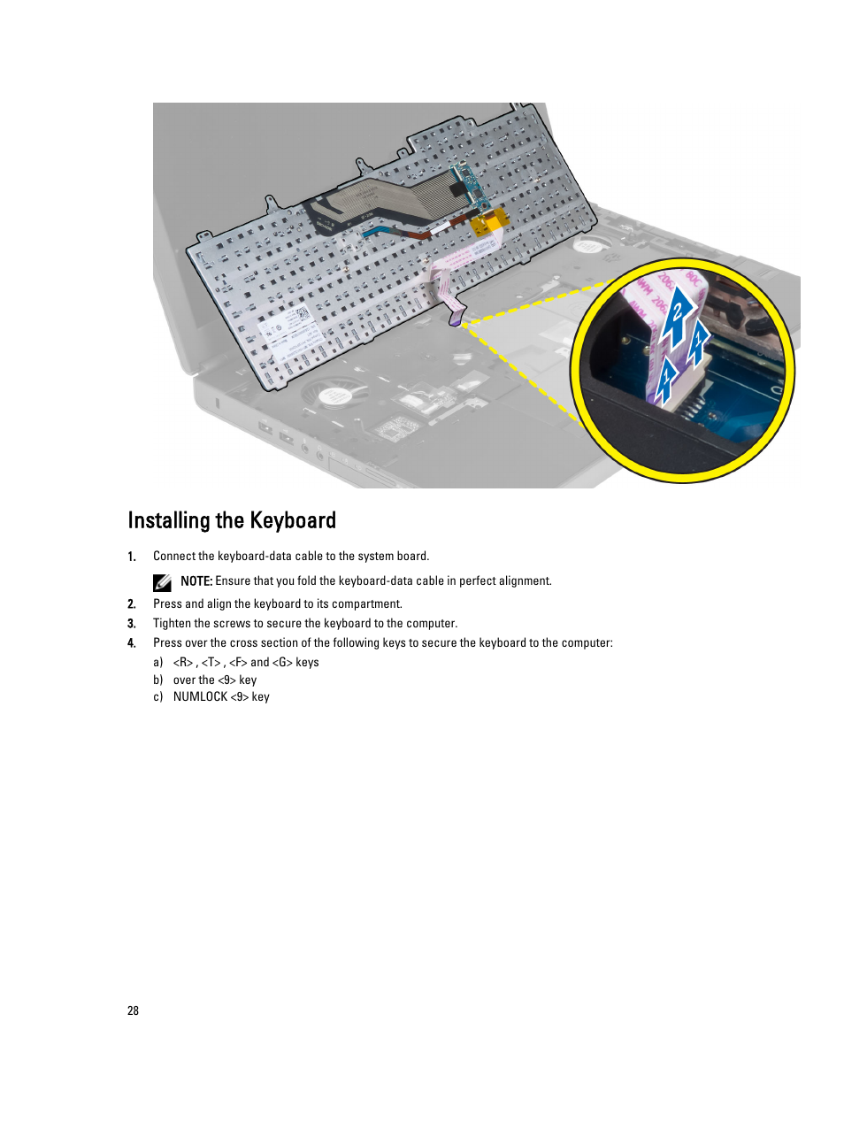 Installing the keyboard | Dell Precision M6800 (Late 2013) User Manual | Page 28 / 83