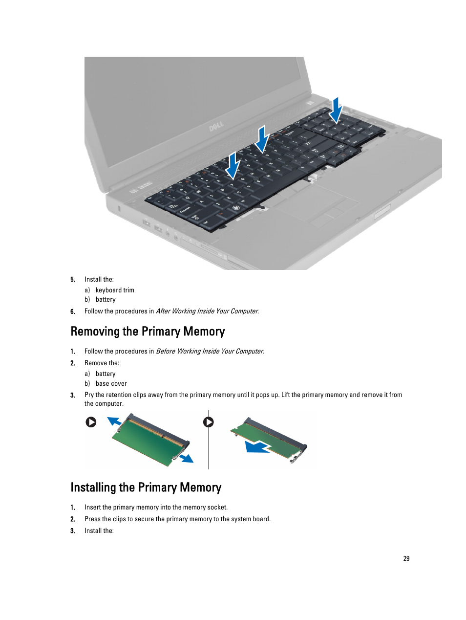 Removing the primary memory, Installing the primary memory | Dell Precision M6800 (Late 2013) User Manual | Page 29 / 83