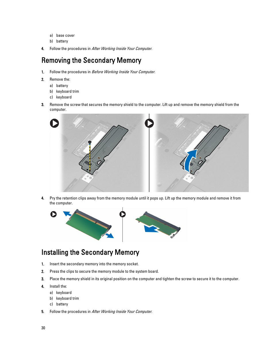 Removing the secondary memory, Installing the secondary memory | Dell Precision M6800 (Late 2013) User Manual | Page 30 / 83