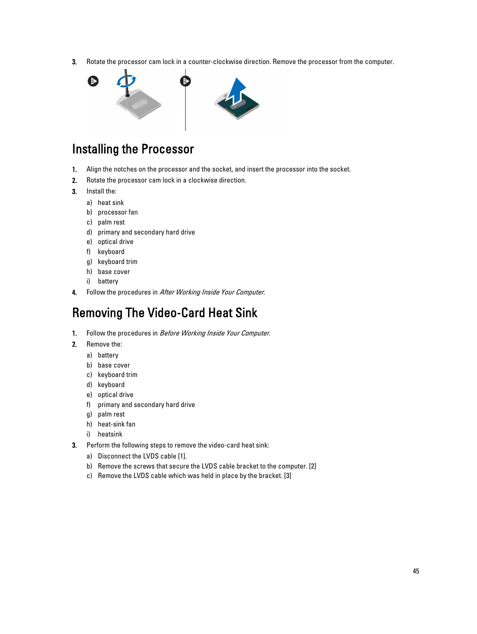 Installing the processor, Removing the video-card heat sink | Dell Precision M6800 (Late 2013) User Manual | Page 45 / 83
