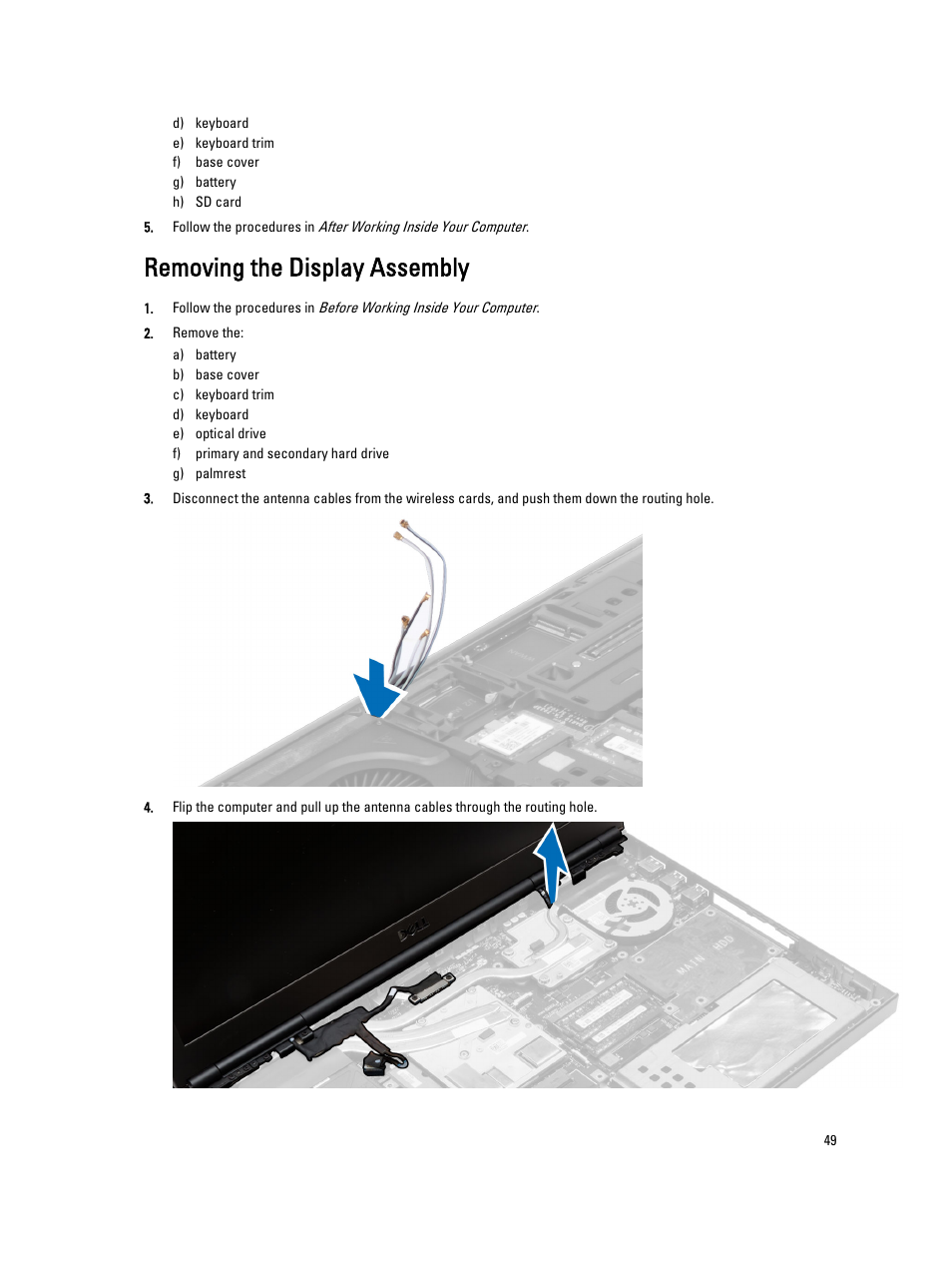 Removing the display assembly | Dell Precision M6800 (Late 2013) User Manual | Page 49 / 83