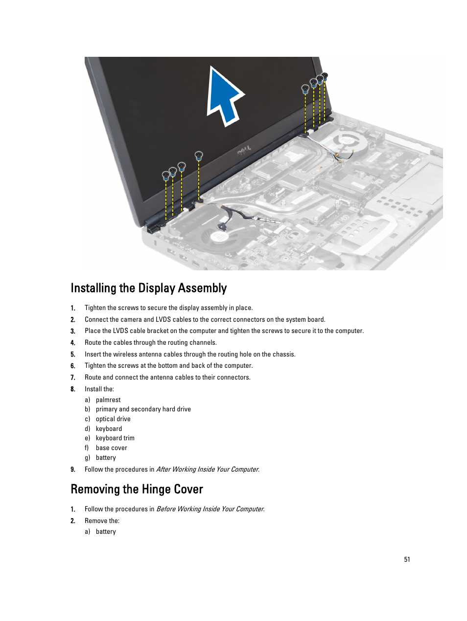 Installing the display assembly, Removing the hinge cover | Dell Precision M6800 (Late 2013) User Manual | Page 51 / 83