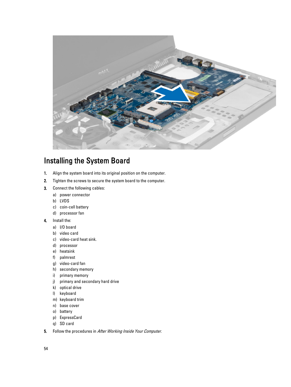 Installing the system board | Dell Precision M6800 (Late 2013) User Manual | Page 54 / 83