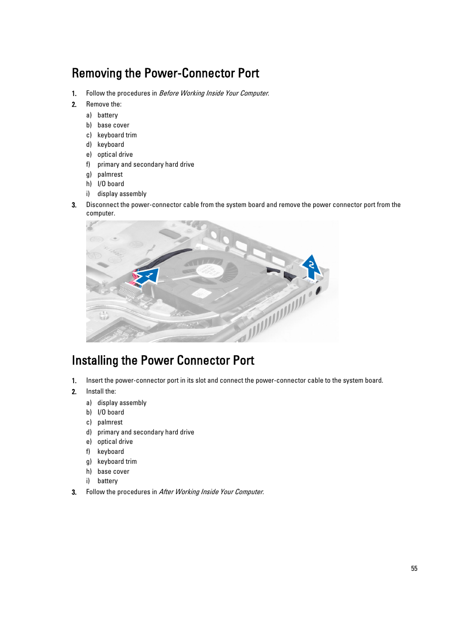 Removing the power-connector port, Installing the power connector port | Dell Precision M6800 (Late 2013) User Manual | Page 55 / 83