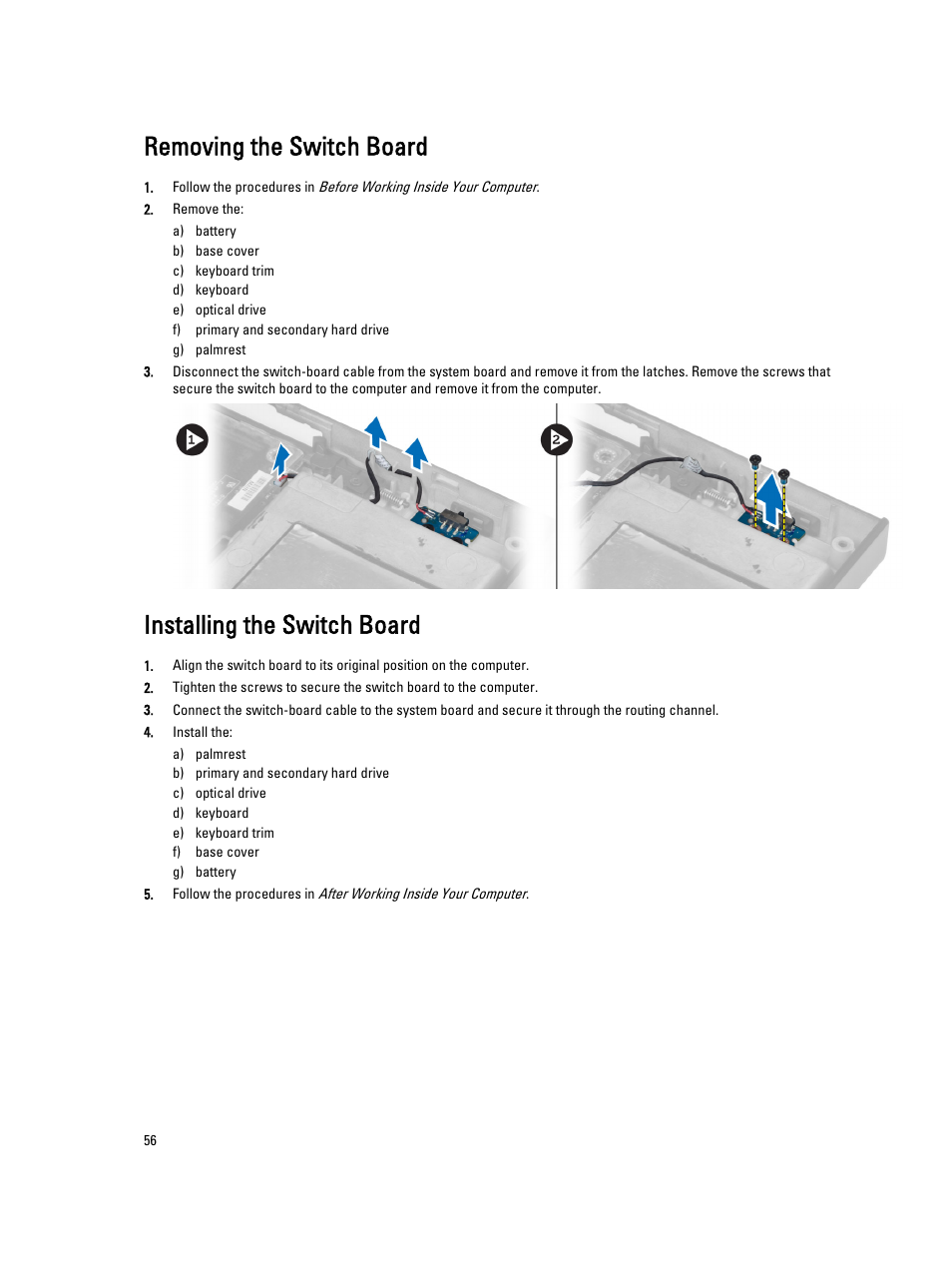Removing the switch board, Installing the switch board | Dell Precision M6800 (Late 2013) User Manual | Page 56 / 83