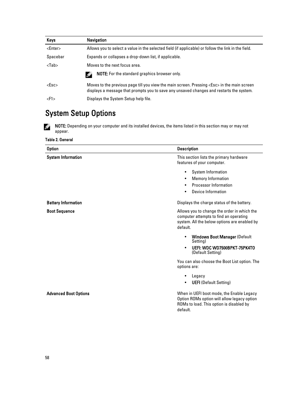 System setup options | Dell Precision M6800 (Late 2013) User Manual | Page 58 / 83