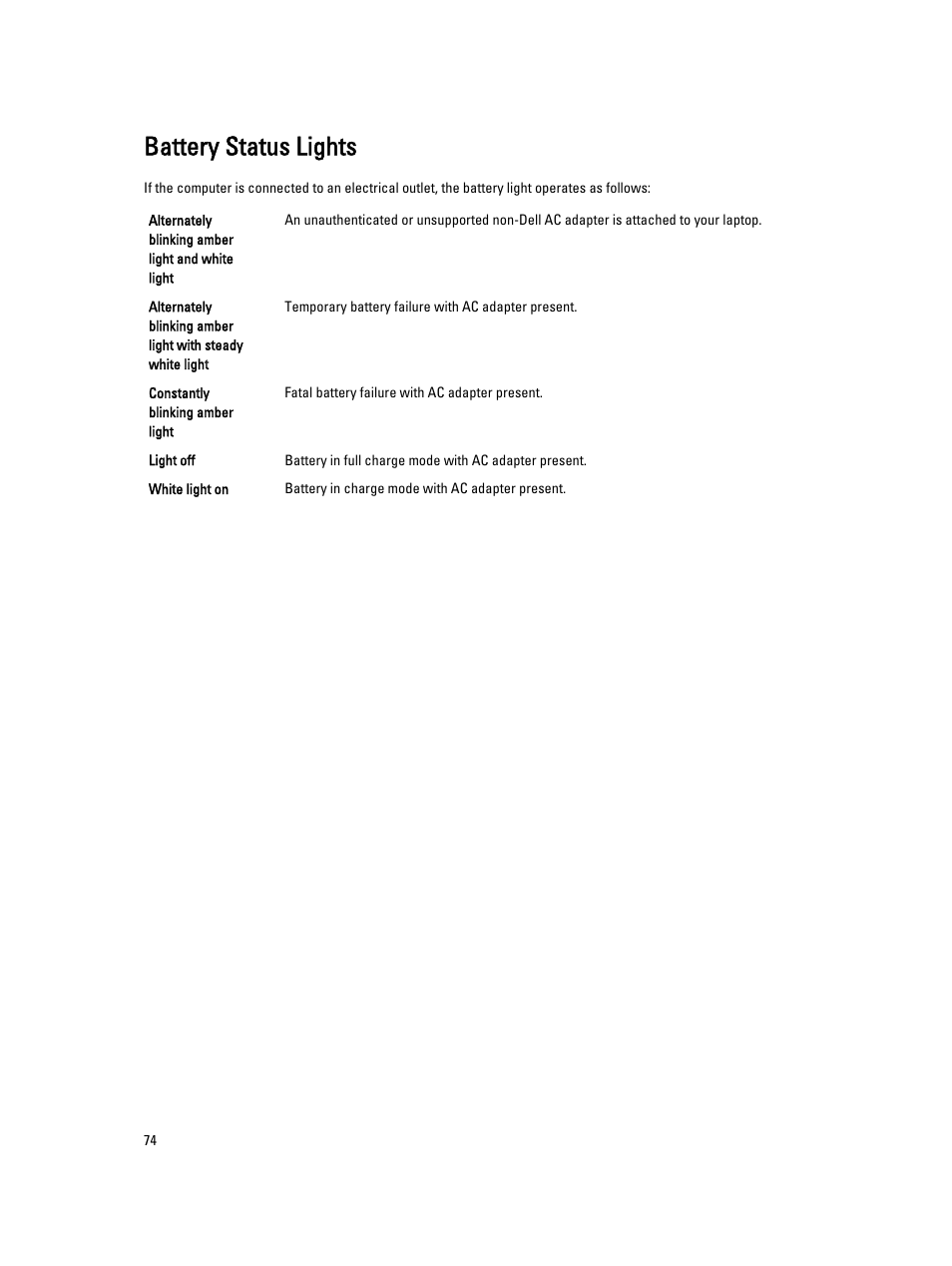 Battery status lights | Dell Precision M6800 (Late 2013) User Manual | Page 74 / 83