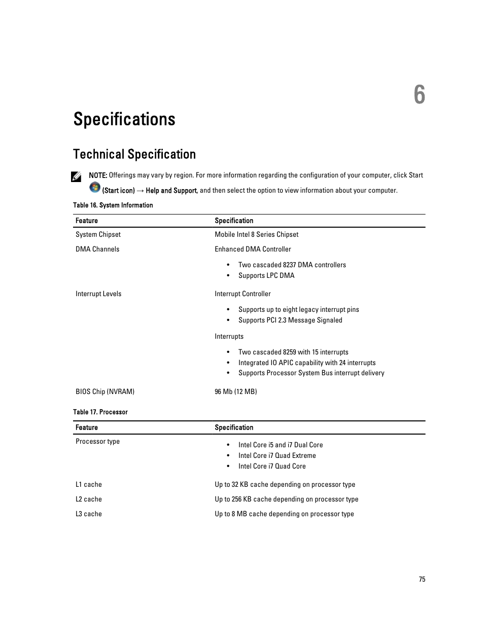 Specifications, Technical specification, 6 specifications | Dell Precision M6800 (Late 2013) User Manual | Page 75 / 83