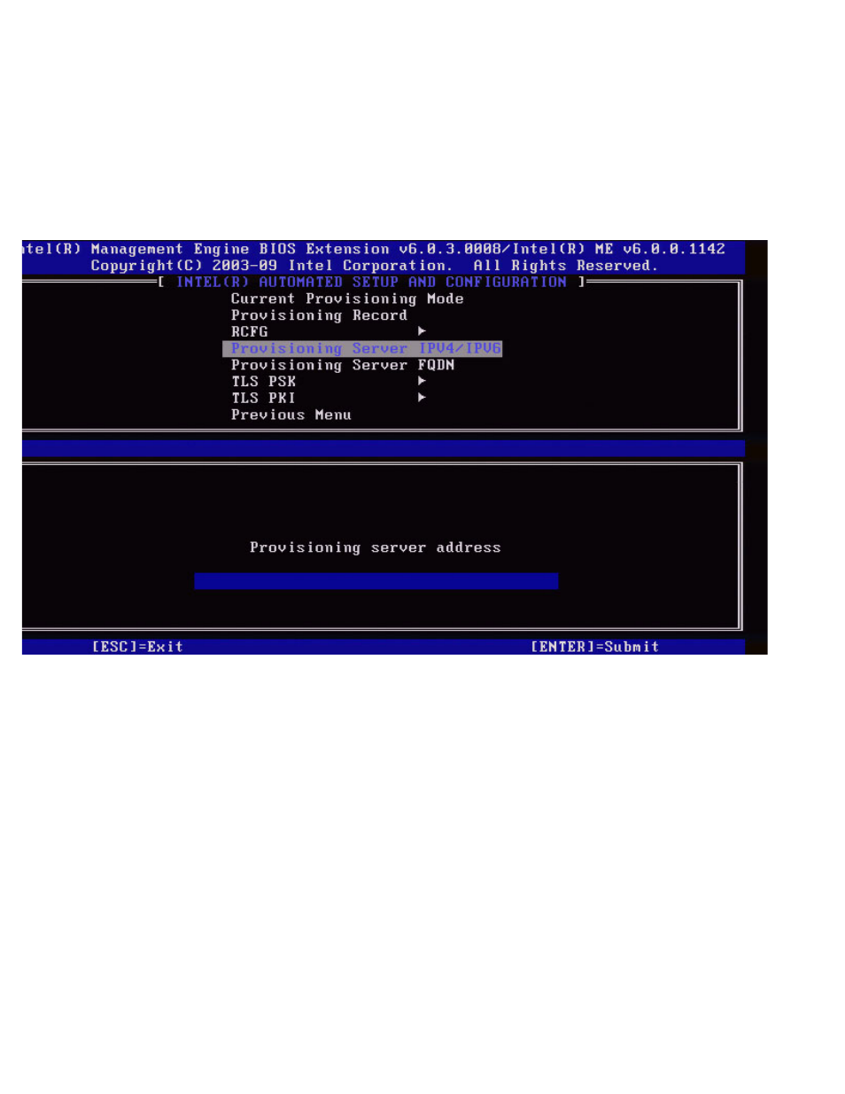 Previous menu, Provisioning server ipv4/ipv6 | Dell Precision M4500 (Early 2010) User Manual | Page 36 / 101
