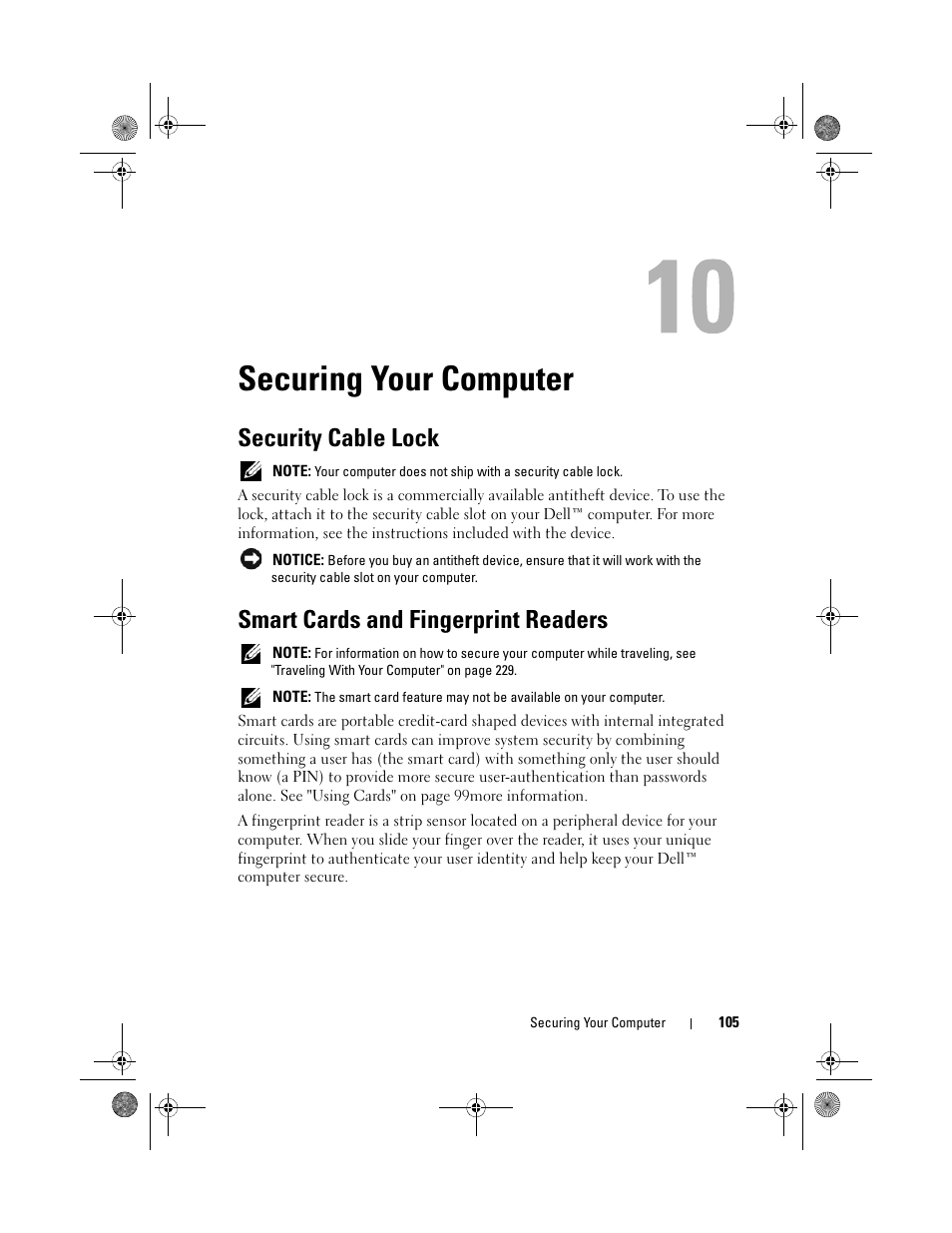 Securing your computer, Security cable lock, Smart cards and fingerprint readers | Dell Precision M6300 (Late 2007) User Manual | Page 105 / 268