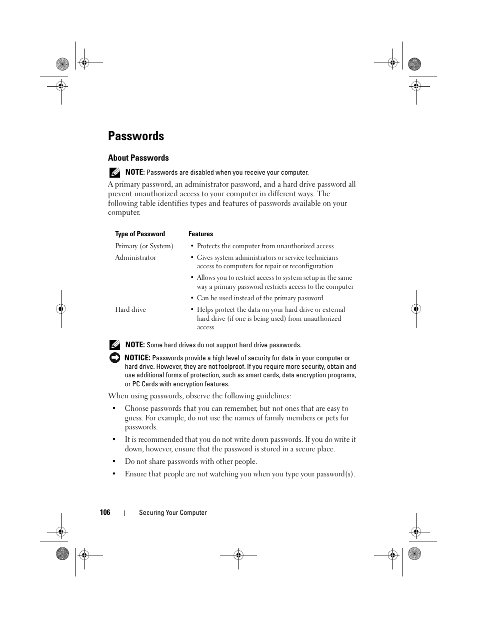 Passwords, About passwords | Dell Precision M6300 (Late 2007) User Manual | Page 106 / 268